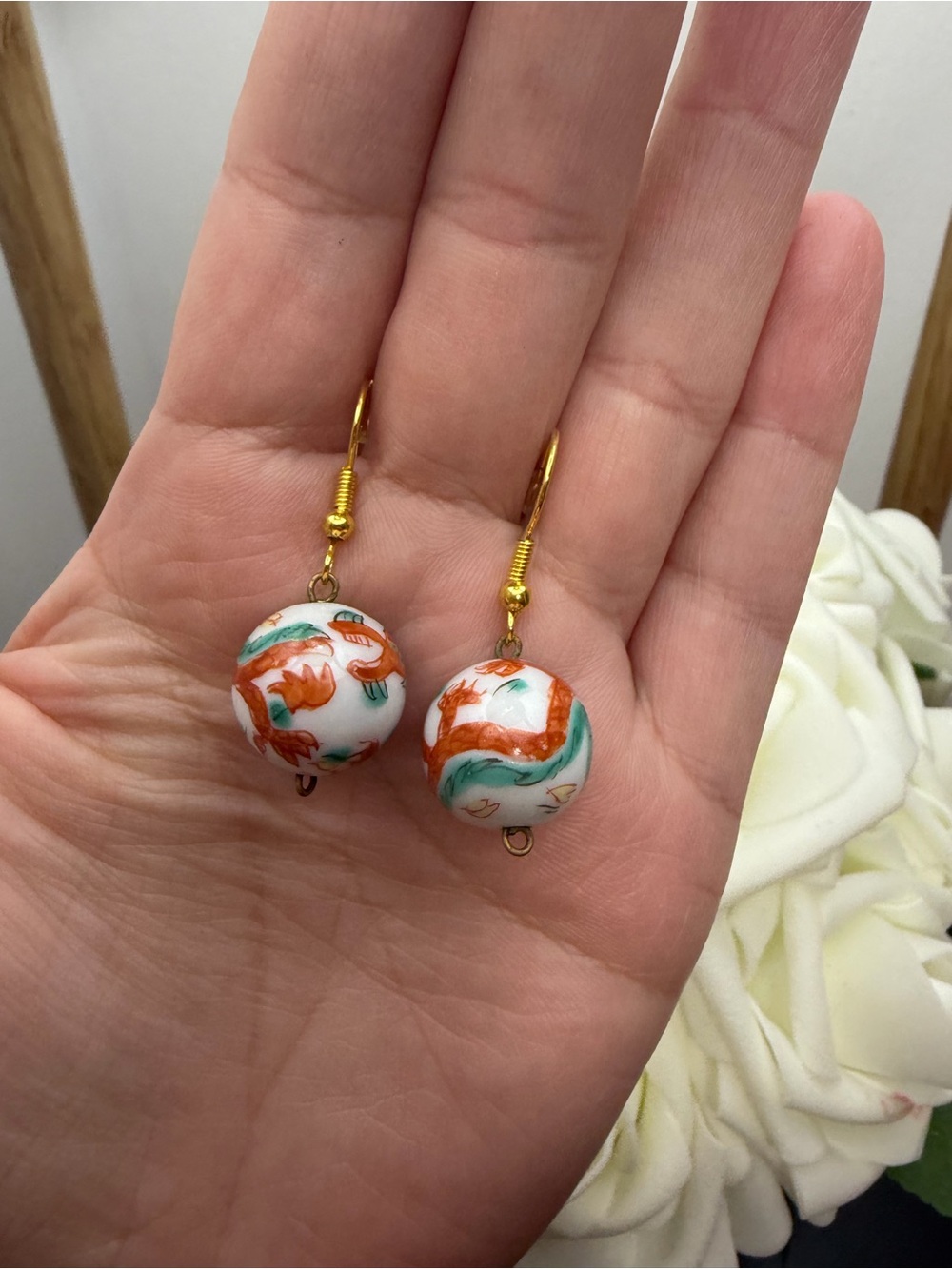 Gold Hook Porcelain Ball Drop Earrings in White, Orange & Teal